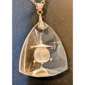 1930s Art Deco Reverse Carved Round Pagoda Rock Crystal Pendant 18" Necklace